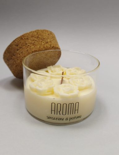 Candela in cera di soia artigianale colata a mano in vetro con coperchio in sughero naturale
