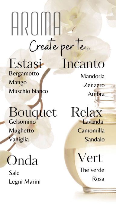 Testo promozionale per prodotti aromaterapici con vari nomi e fragranze.